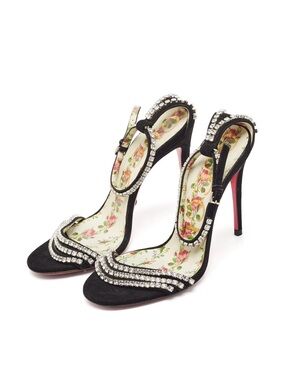 Gucci Black Crystal-Strap Floral Insole Slingback Heels